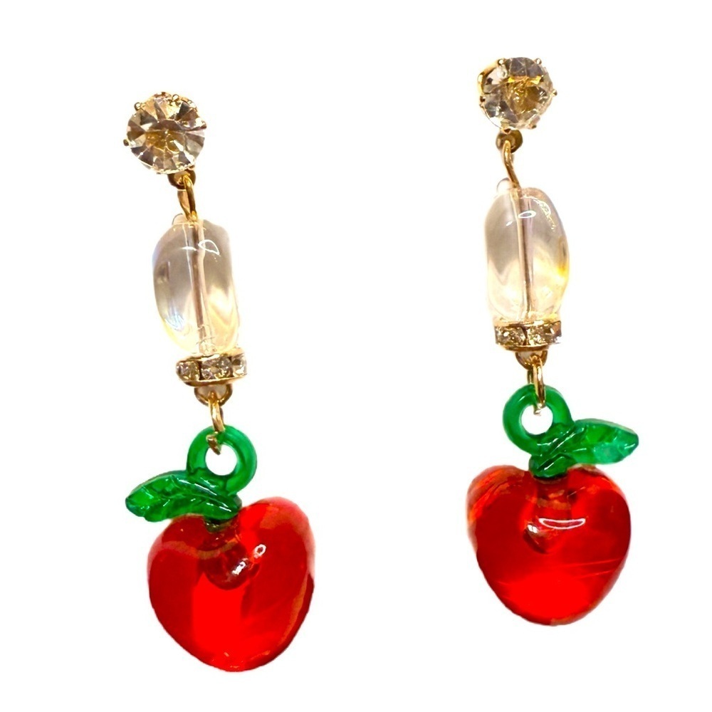 Red gold Green Apple Dangle Earrings beaded fruit charm